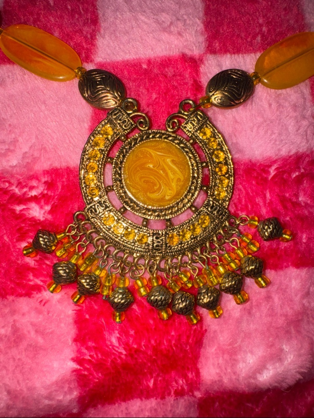 Bohemian Orange Pendant Statement Necklace and Earrings - Picture 2 of 6